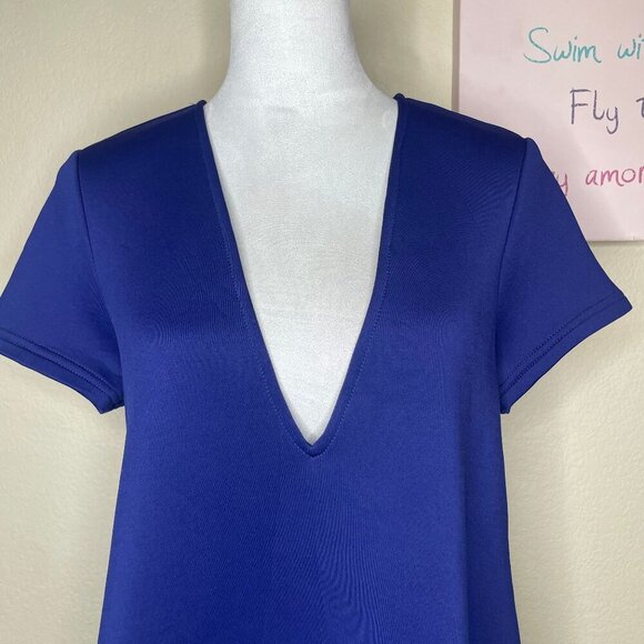 Tobi Women's Cobalt Blue Neoprene Swing Away Shift Low V-Neck Maxi Dress Sz L - Picture 3 of 10